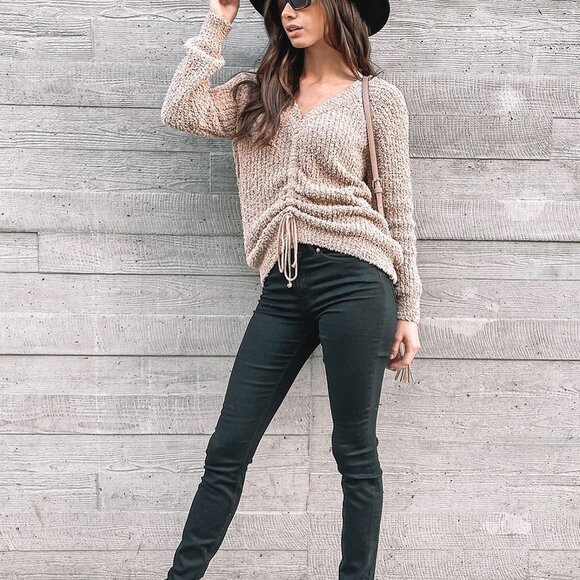 WOMEN'S LONG SLEEVE FRONT RUCHED TOP OATMEAL - Picture 2 of 5